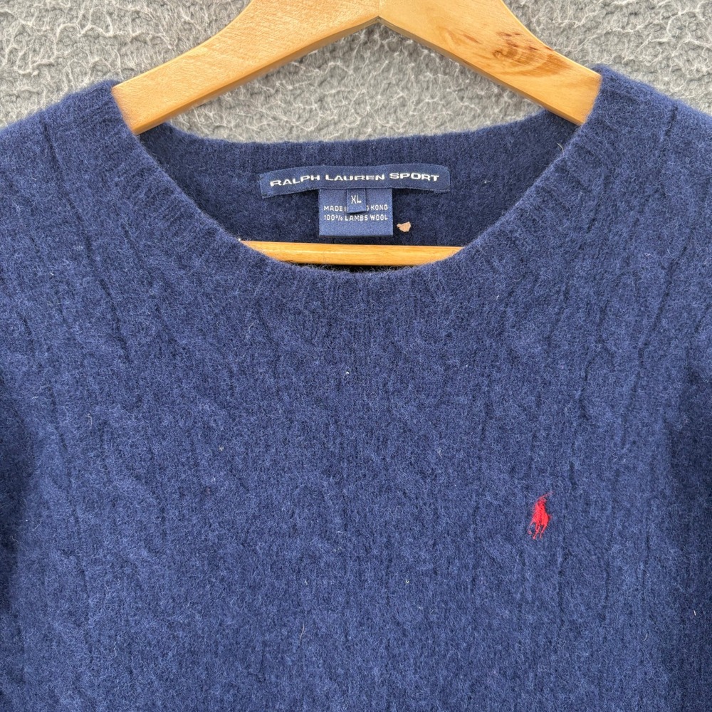 Ralph Lauren Sport Sweater Womens XL Blue Cable Knit Lambswool Crewneck Pony